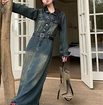 Women's Vintage Blue Denim Maxi Dress Button Lapel Long